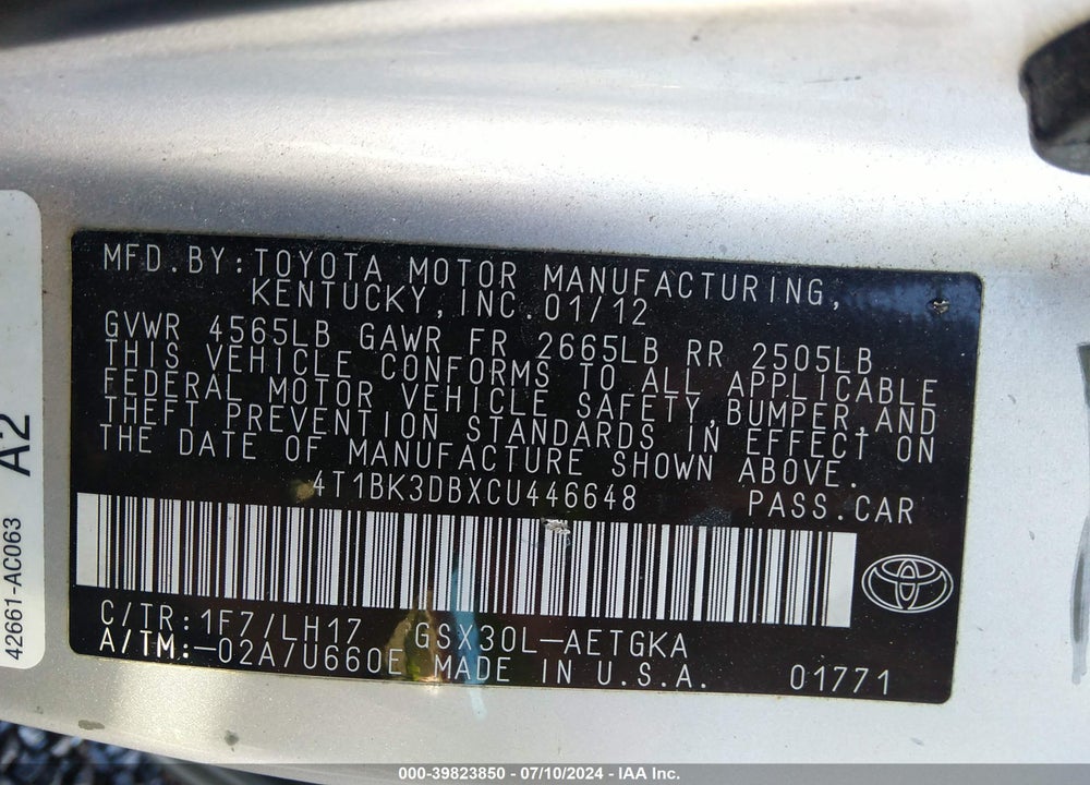2012 TOYOTA AVALON VIN: 4T1BK3DBXCU446648