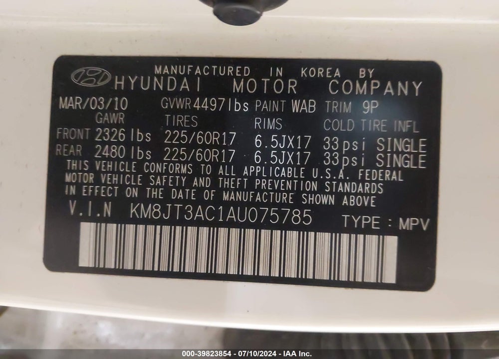 2010 HYUNDAI TUCSON GLS VIN: KM8JT3AC1AU075785
