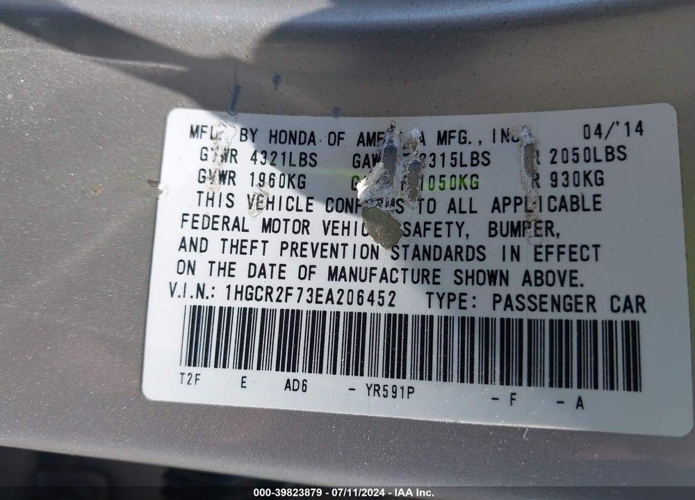 2014 HONDA ACCORD VIN: 1HGCR2F73EA206452