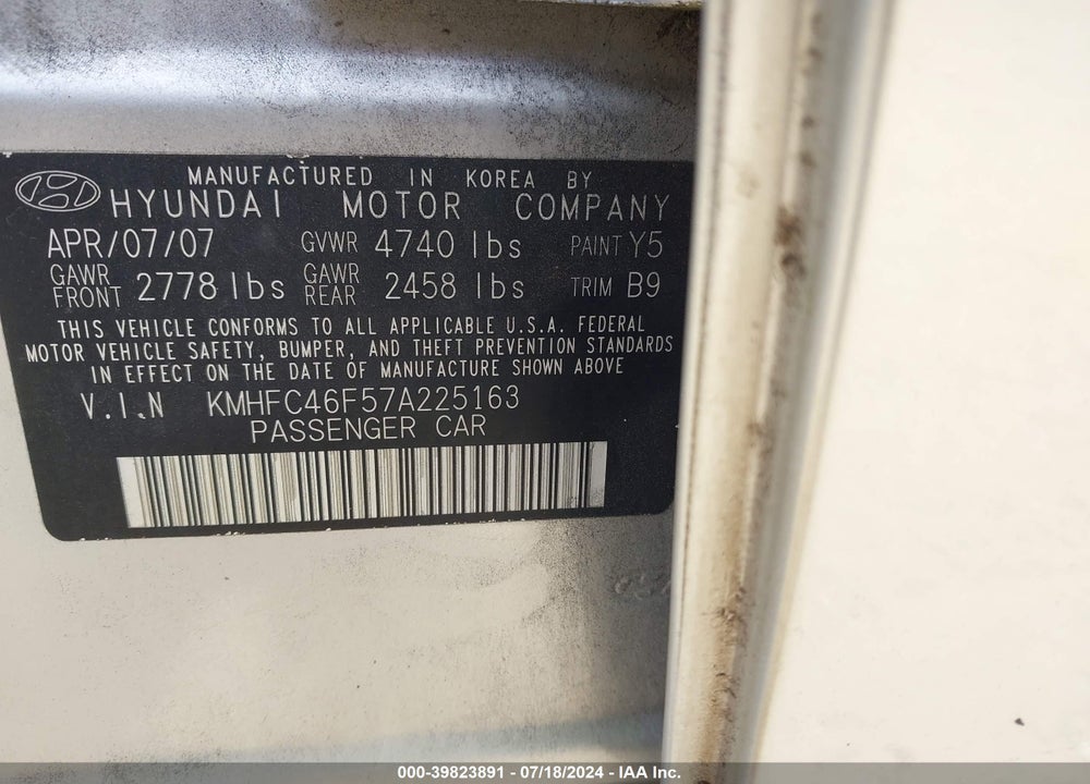 2007 HYUNDAI AZERA LIMITED/SE VIN: KMHFC46F57A225163