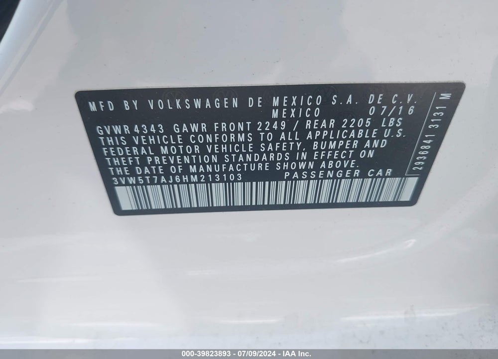 2017 VOLKSWAGEN JETTA GLI VIN: 3VW5T7AJ6HM213103