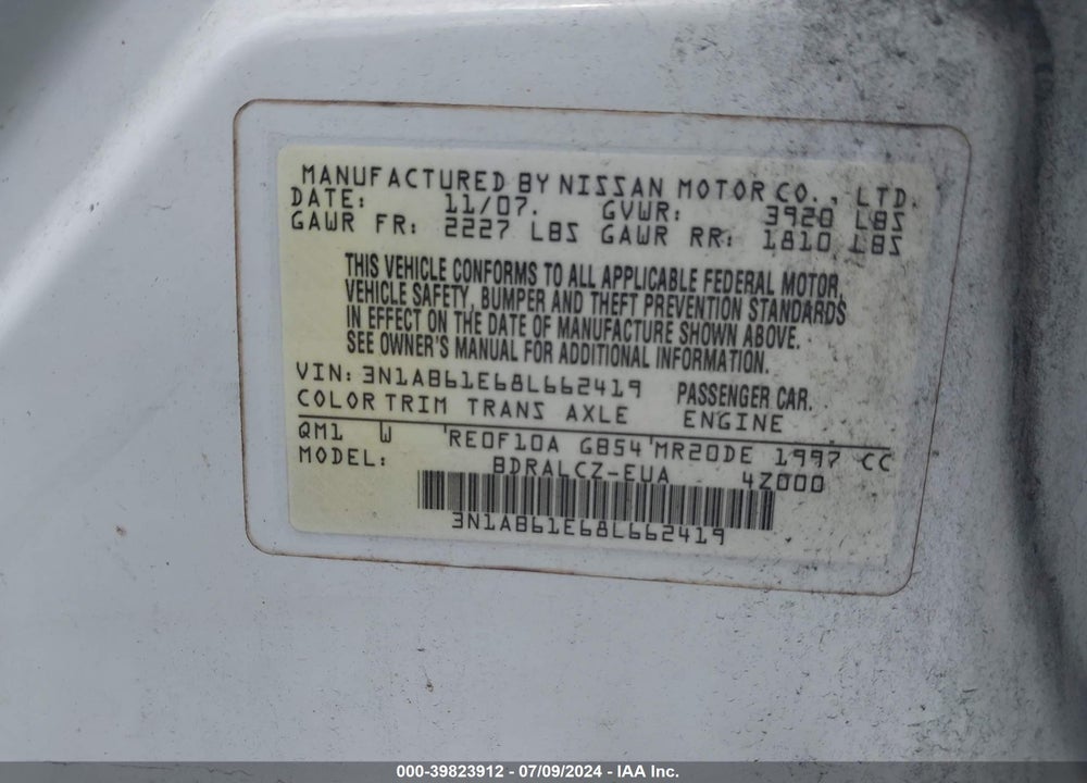 2008 NISSAN SENTRA 2.0 VIN: 3N1AB61E68L662419