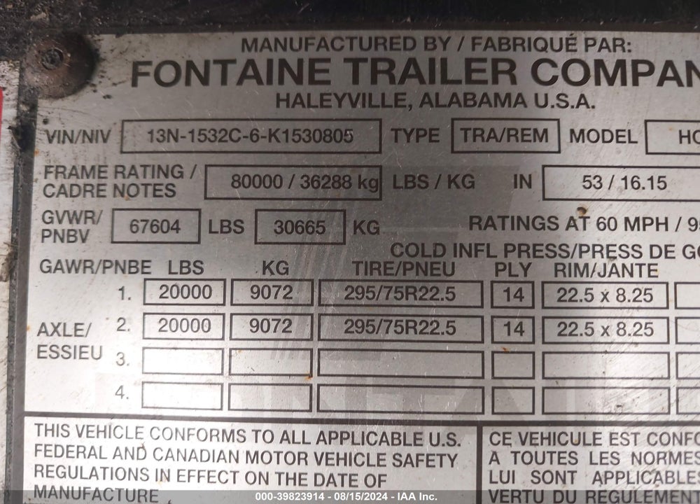 2019 FONTAINE TRAILER CO TRAILER VIN: 13N1532C6K1530805