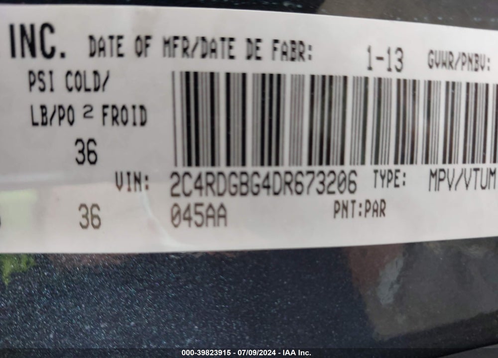 2013 DODGE GRAND CARAVAN SE/SXT VIN: 2C4RDGBG4DR673206