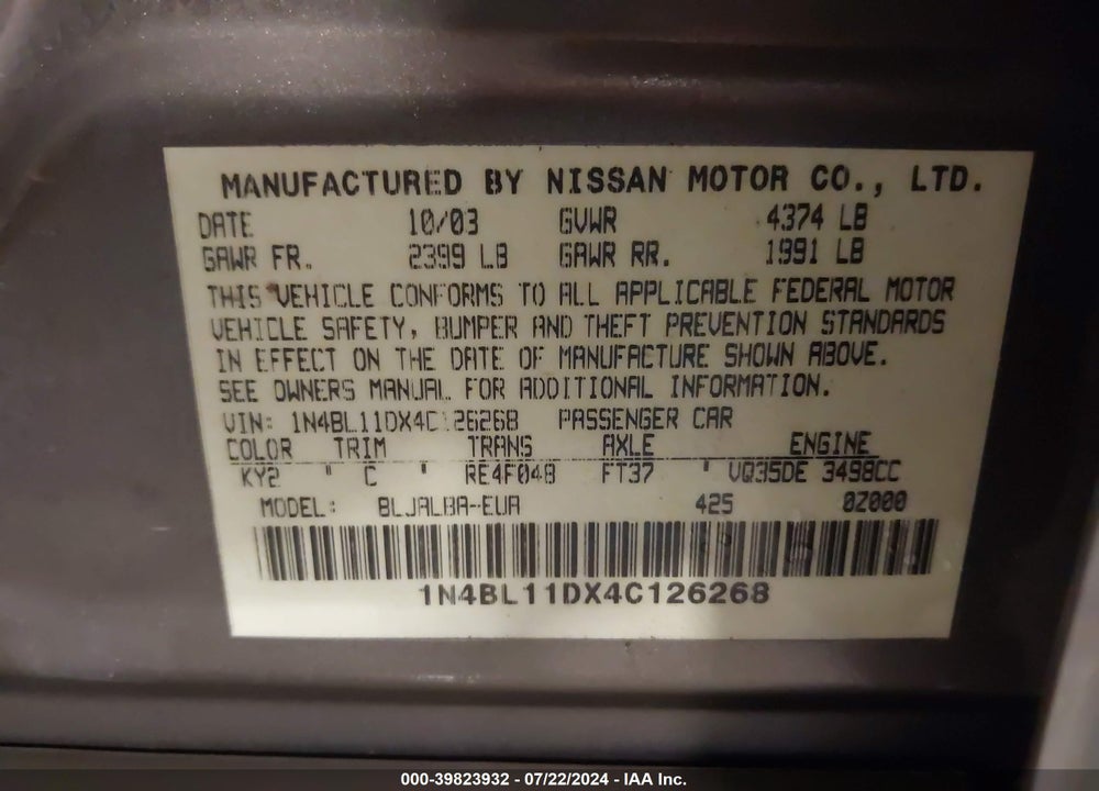 2004 NISSAN ALTIMA 3.5 SE VIN: 1N4BL11DX4C126268