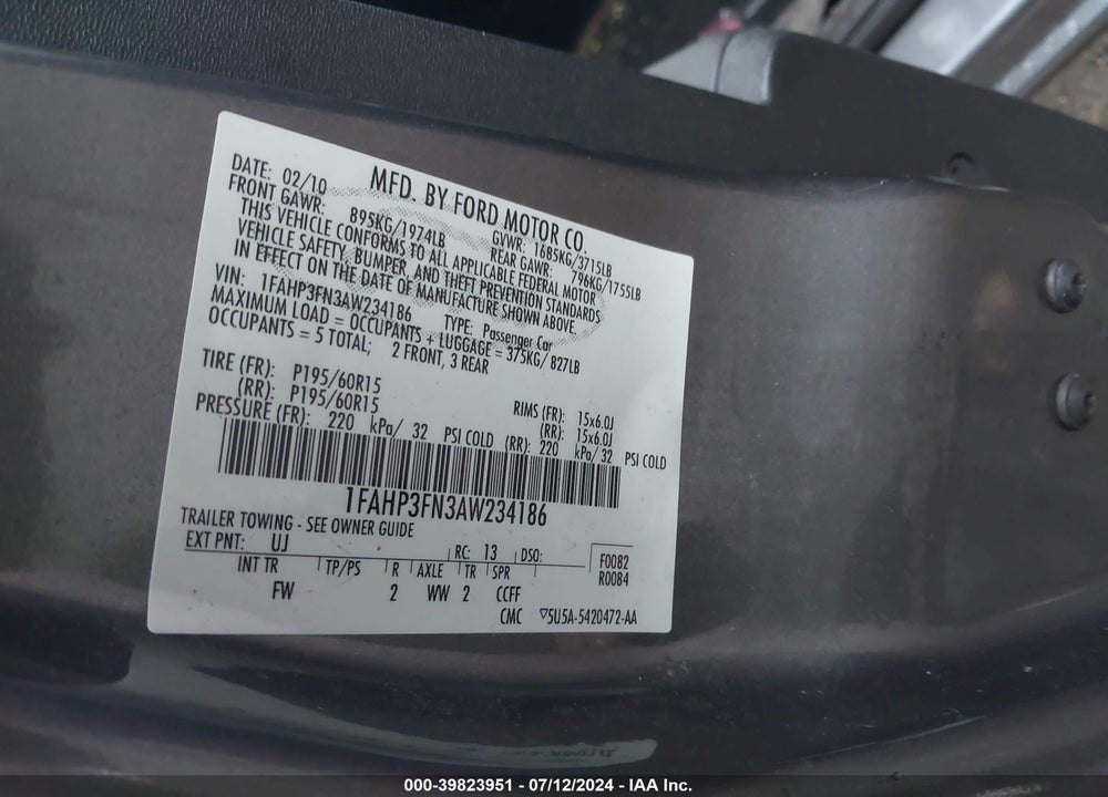 2010 FORD FOCUS SE VIN: 1FAHP3FN3AW234186