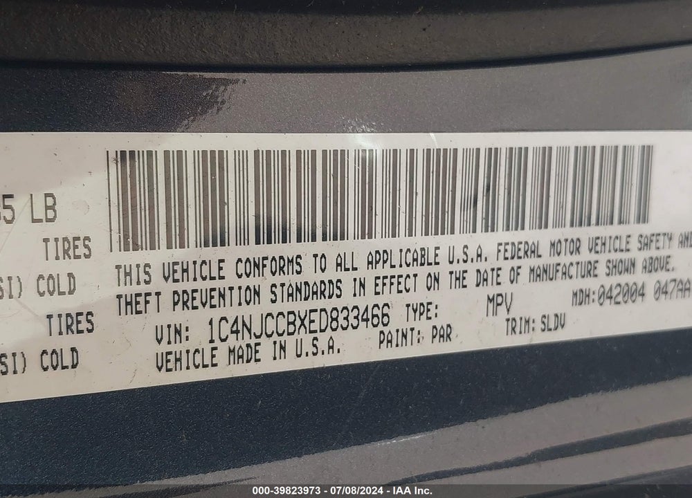 2014 JEEP COMPASS LIMITED VIN: 1C4NJCCBXED833466