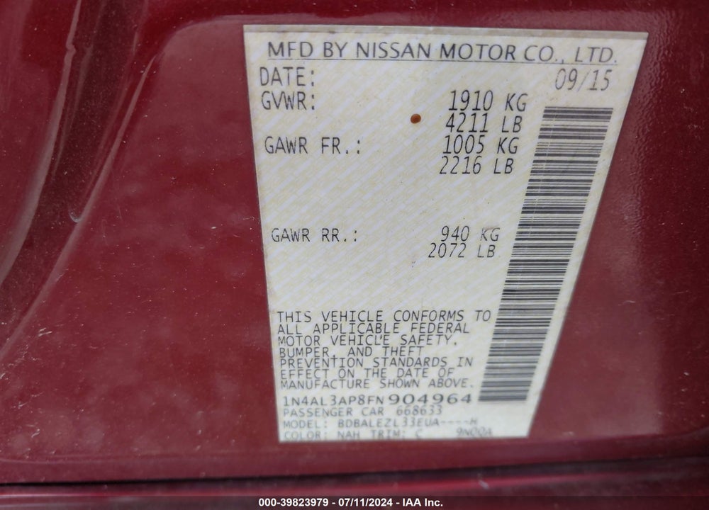 2015 NISSAN ALTIMA 2.5 S VIN: 1N4AL3AP8FN904964