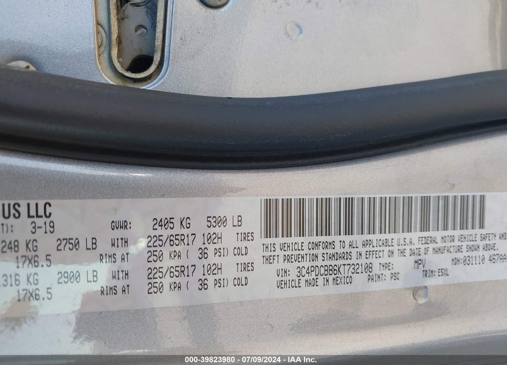2019 DODGE JOURNEY SE VIN: 3C4PDCBB6KT732108