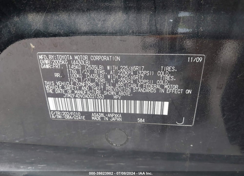 2010 TOYOTA RAV4 VIN: JTMZF4DV0AD021363