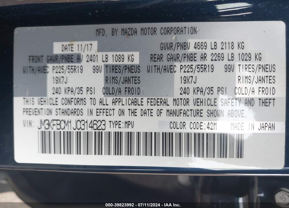 2018 MAZDA CX-5 TOURING VIN: JM3KFBCM1J0314623