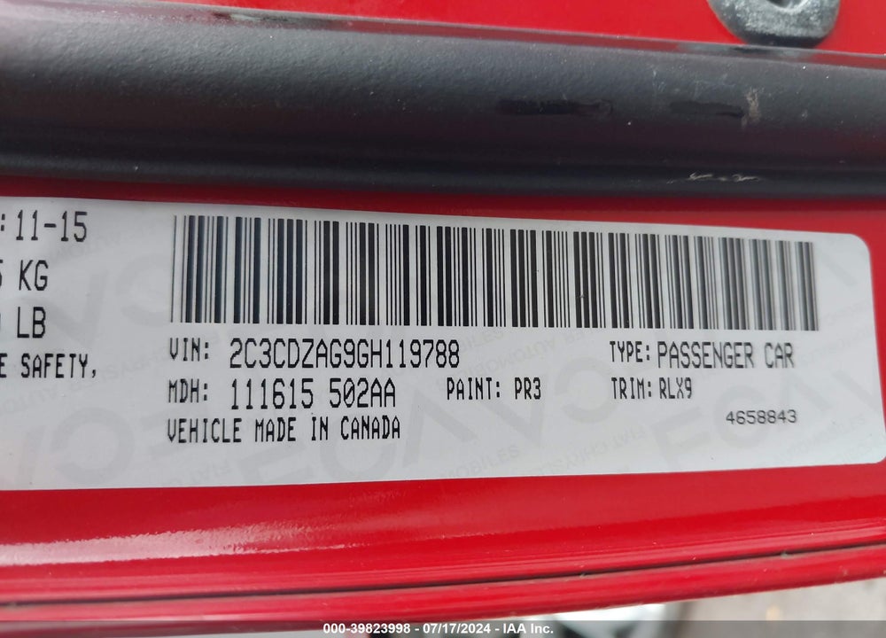 2016 DODGE CHALLENGER SXT PLUS VIN: 2C3CDZAG9GH119788