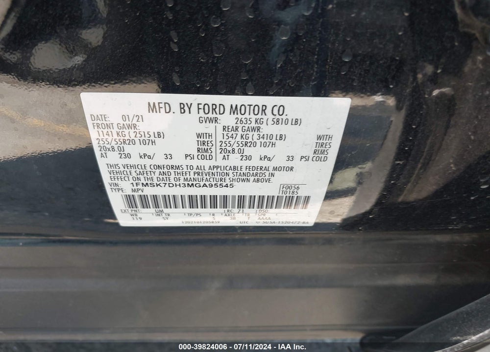 2021 FORD EXPLORER XLT VIN: 1FMSK7DH3MGA95545