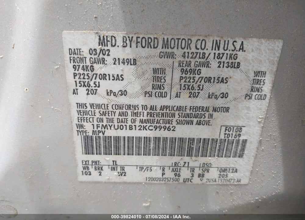2002 FORD ESCAPE XLS VIN: 1FMYU01B12KC99962