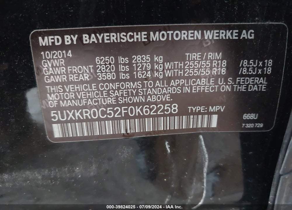2015 BMW X5 XDRIVE35I VIN: 5UXKR0C52F0K62258