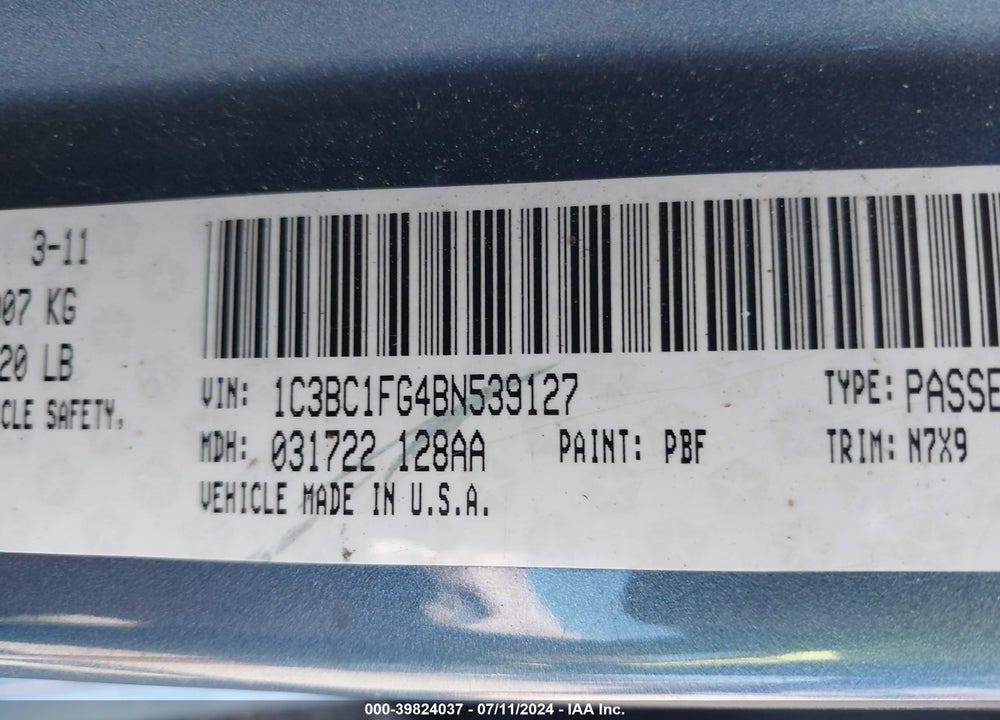 2011 CHRYSLER 200 VIN: 1C3BC1FG4BN539127