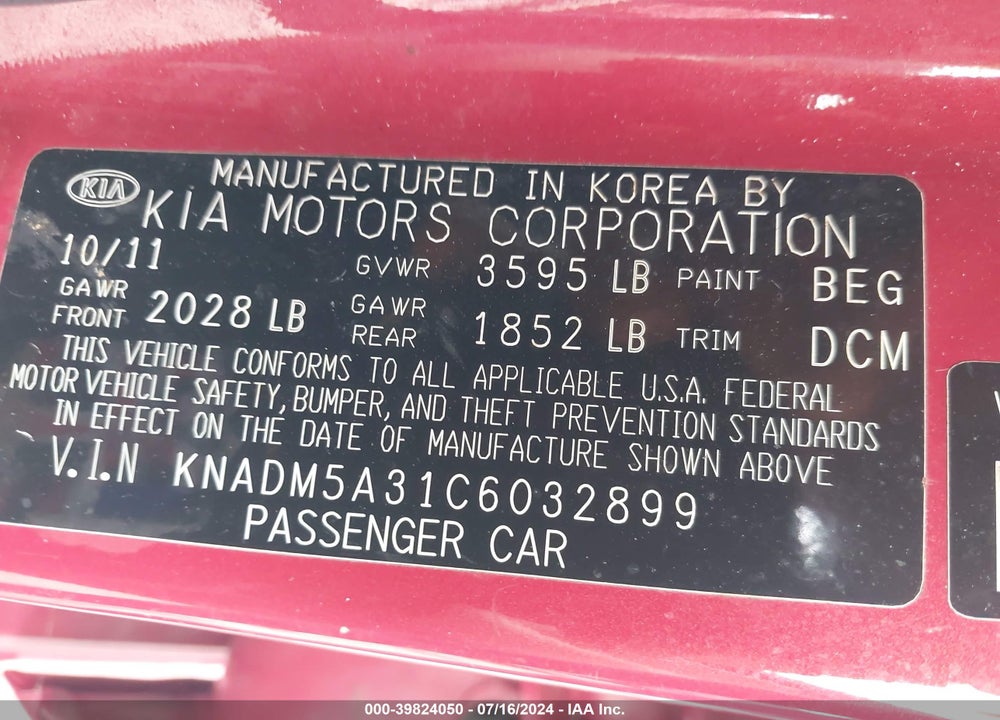 2012 KIA RIO5 LX VIN: KNADM5A31C6032899