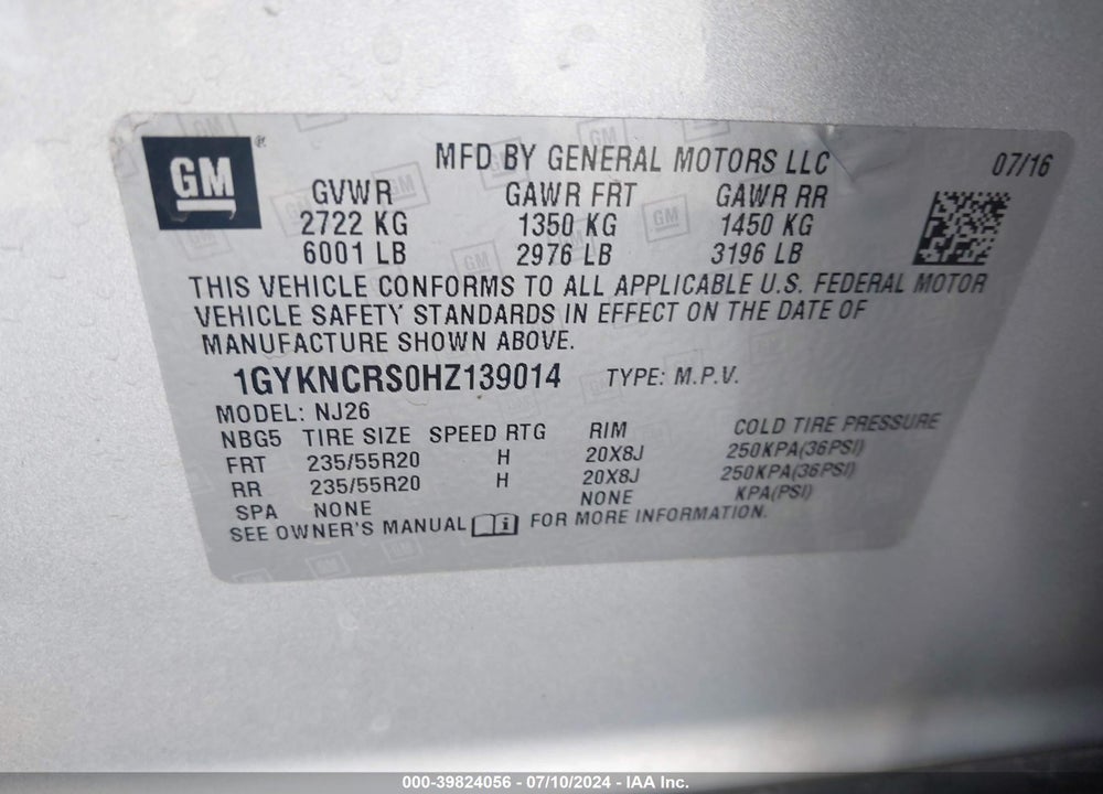 2017 CADILLAC XT5 PREMIUM LUXURY VIN: 1GYKNCRS0HZ139014