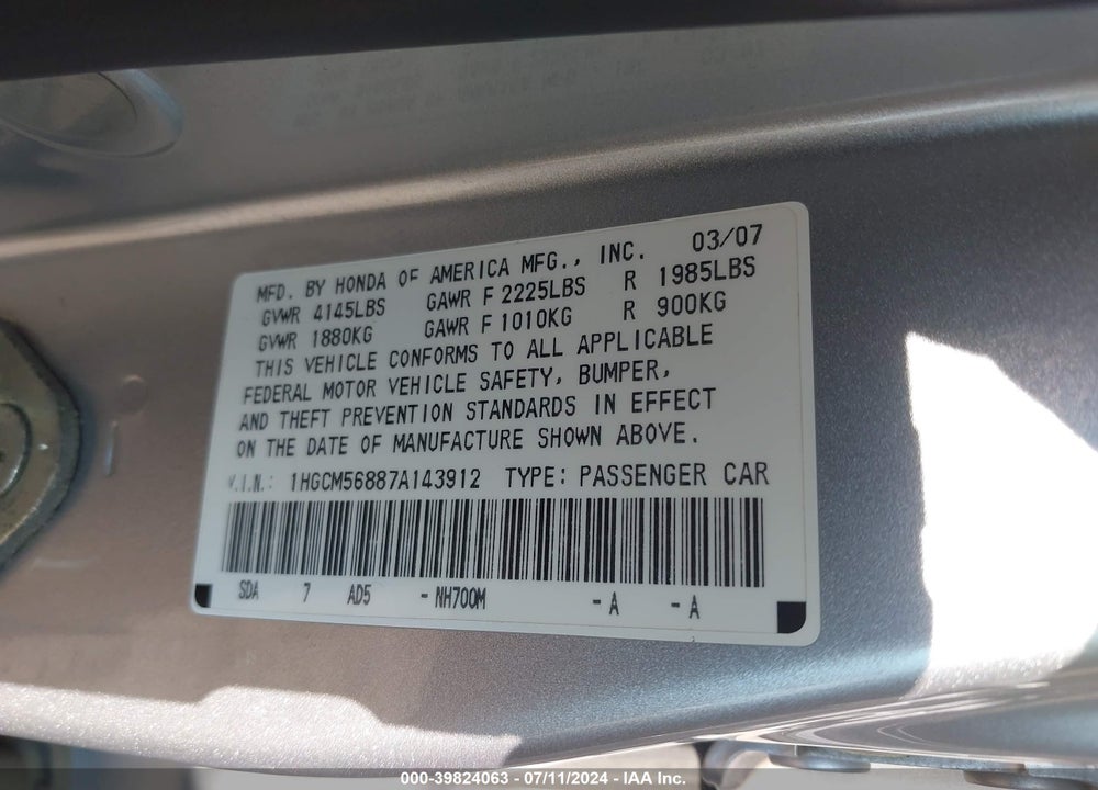 2007 HONDA ACCORD 2.4 EX VIN: 1HGCM56887A143912