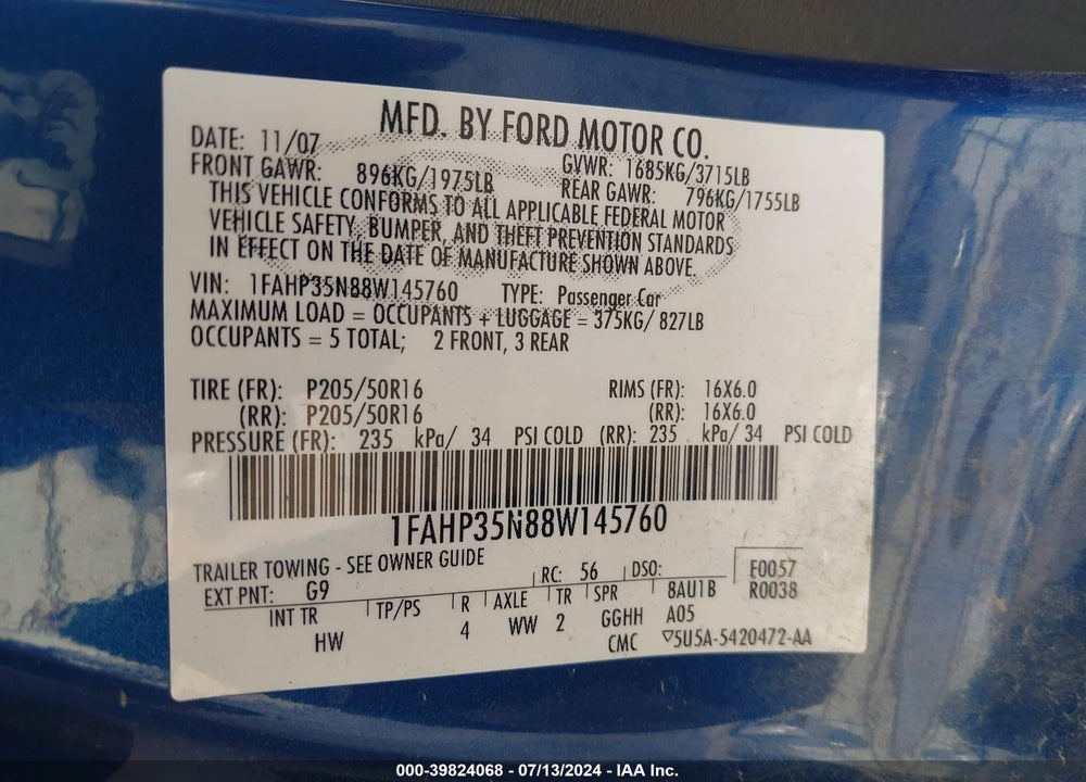 2008 FORD FOCUS SE/SES VIN: 1FAHP35N88W145760