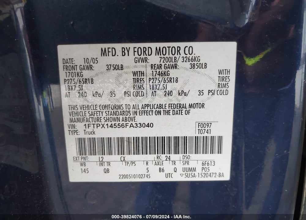 2006 FORD F-150 FX4/LARIAT/XL/XLT VIN: 1FTPX14556FA33040