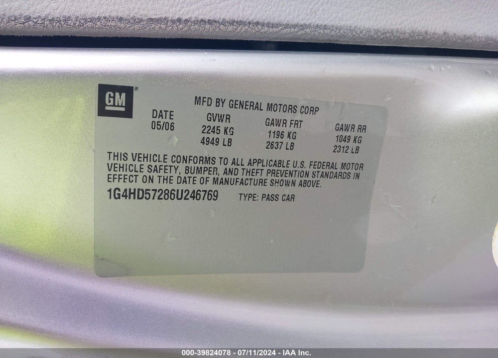 2006 BUICK LUCERNE CXL VIN: 1G4HD57286U246769