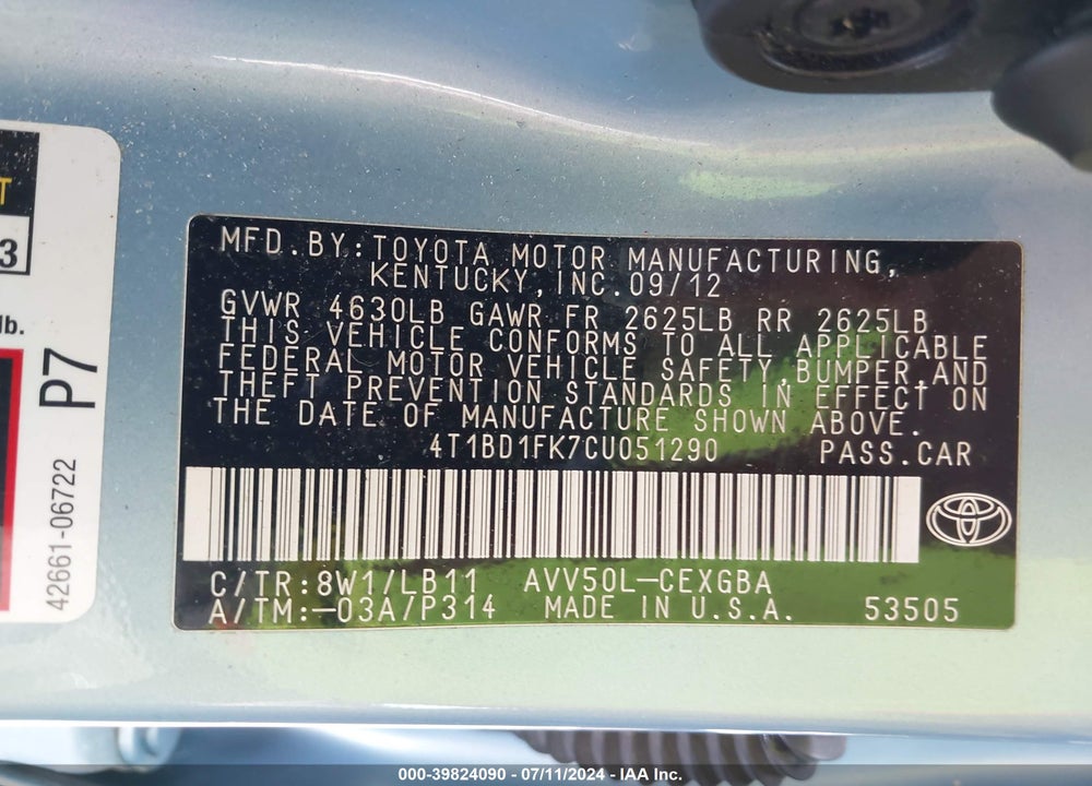 2012 TOYOTA CAMRY HYBRID XLE VIN: 4T1BD1FK7CU051290