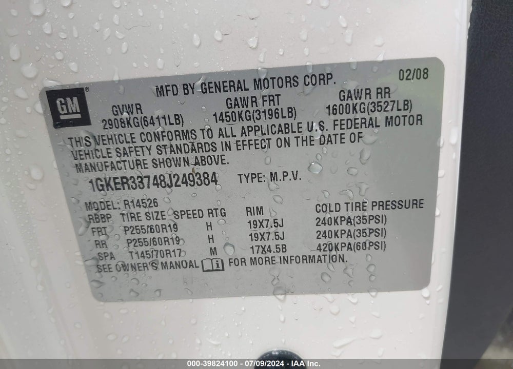 2008 GMC ACADIA SLT-2 VIN: 1GKER33748J249384