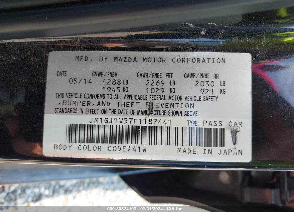 2015 MAZDA 6 I TOURING VIN: JM1GJ1V57F1187441