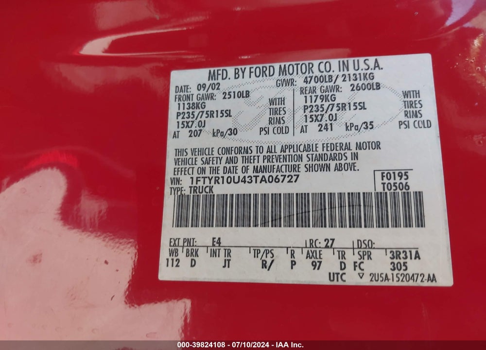 2003 FORD RANGER EDGE/XL/XLT VIN: 1FTYR10U43TA06727