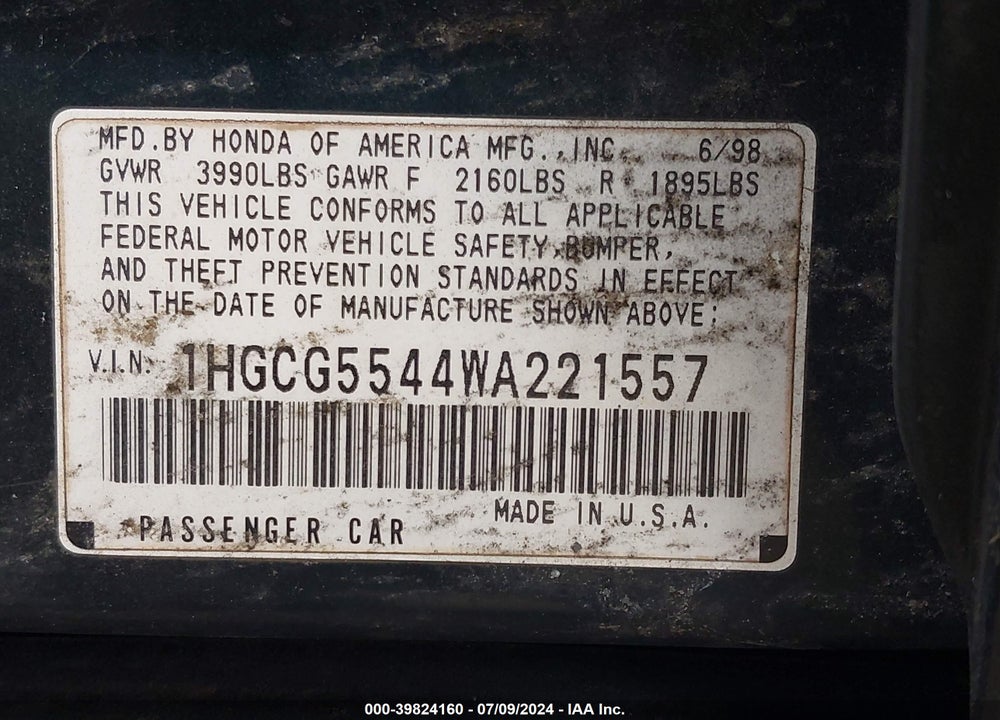 1998 HONDA ACCORD LX VIN: 1HGCG5544WA221557