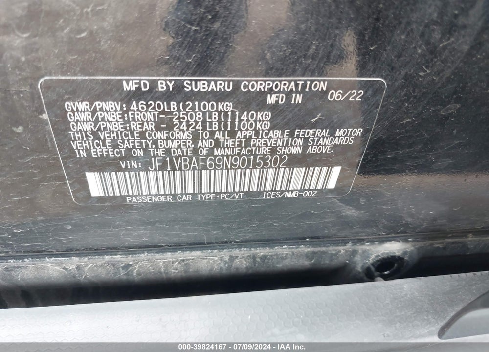 2022 SUBARU WRX PREMIUM VIN: JF1VBAF69N9015302