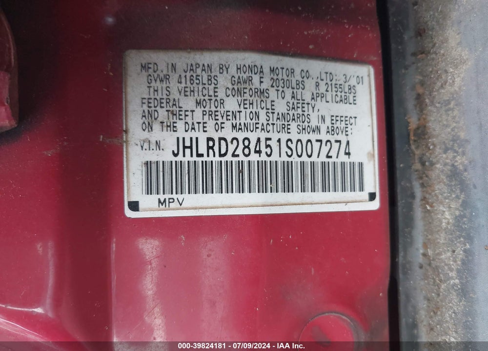 2001 HONDA CR-V LX VIN: JHLRD28451S007274