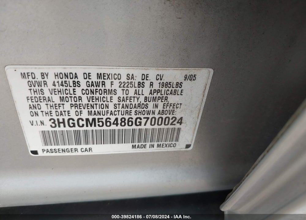 2006 HONDA ACCORD 2.4 LX VIN: 3HGCM56486G700024