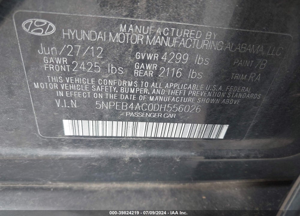 2013 HYUNDAI SONATA GLS VIN: 5NPEB4AC0DH556026