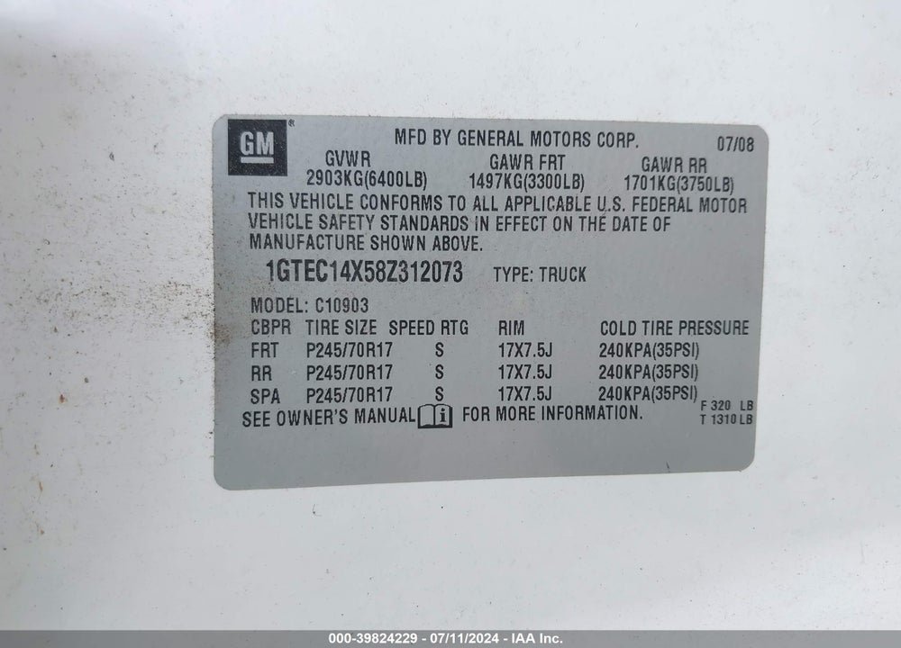 2008 GMC SIERRA 1500 WORK TRUCK VIN: 1GTEC14X58Z312073