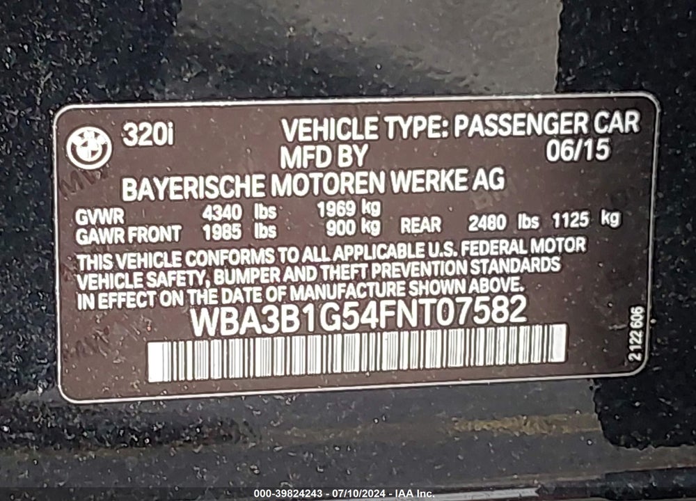 2015 BMW 320I VIN: WBA3B1G54FNT07582