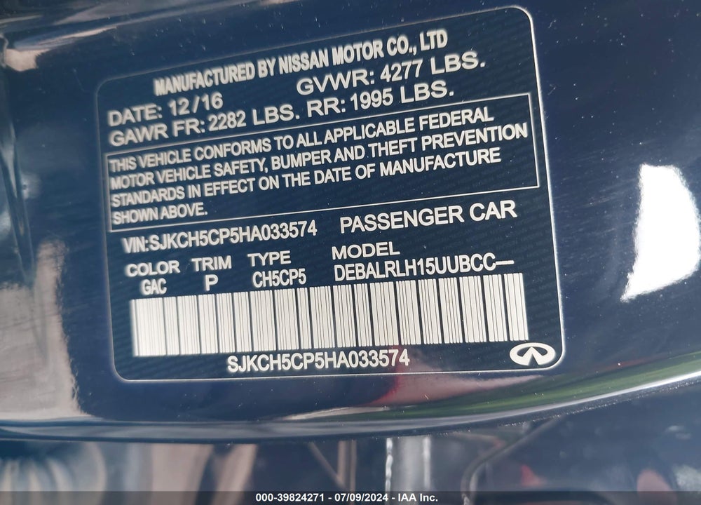 2017 INFINITI QX30 PREMIUM VIN: SJKCH5CP5HA033574