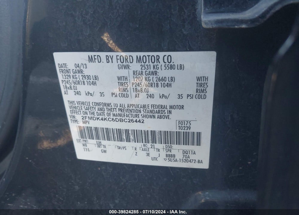 2013 FORD EDGE LIMITED VIN: 2FMDK4KC6DBC26442