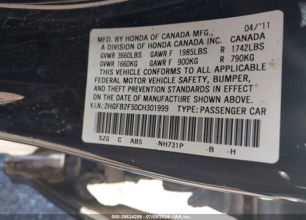2012 HONDA CIVIC LX VIN: 2HGFB2F50CH301999