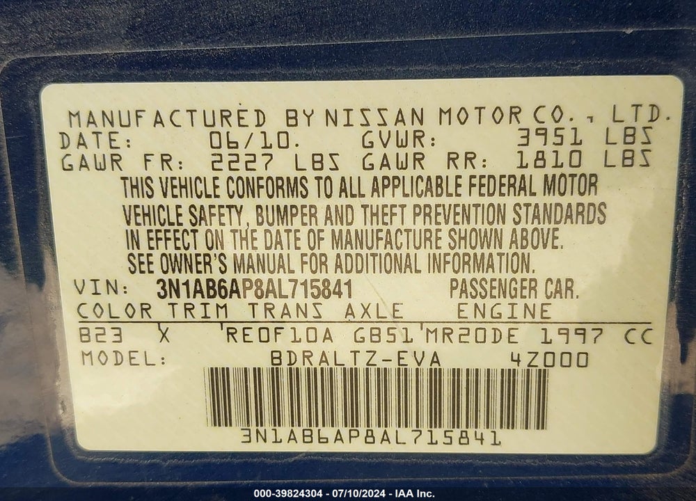 2010 NISSAN SENTRA 2.0S VIN: 3N1AB6AP8AL715841