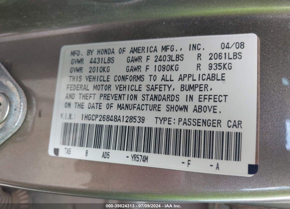 2008 HONDA ACCORD 2.4 EX-L VIN: 1HGCP26848A128539