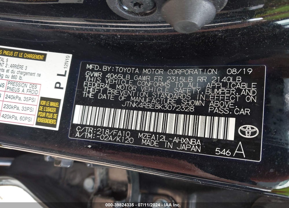 2019 TOYOTA COROLLA SE VIN: JTNK4RBE8K3072328