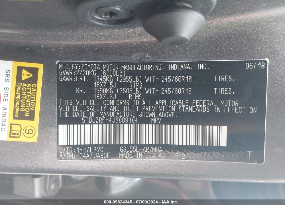 2018 TOYOTA HIGHLANDER XLE VIN: 5TDJZRFH4JS889184