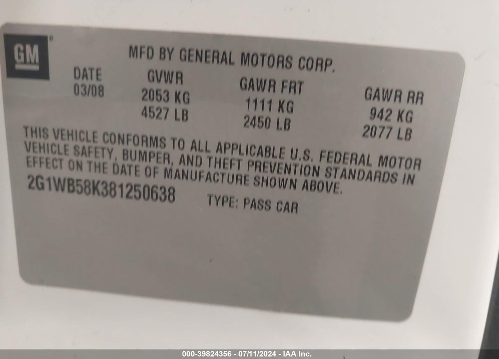 2008 CHEVROLET IMPALA LS VIN: 2G1WB58K381250638