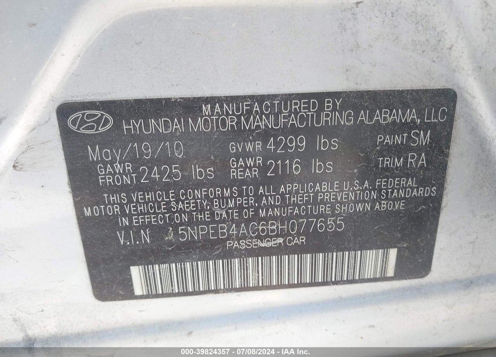 2011 HYUNDAI SONATA GLS VIN: 5NPEB4AC6BH077655