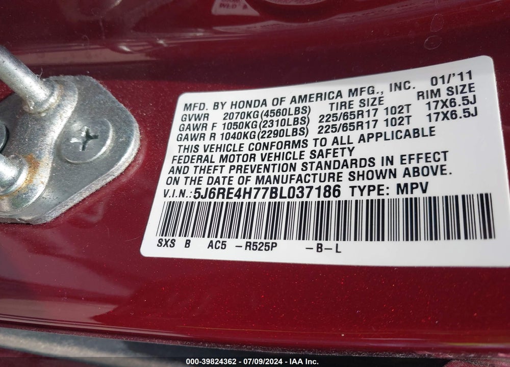 2011 HONDA CR-V EX-L VIN: 5J6RE4H77BL037186
