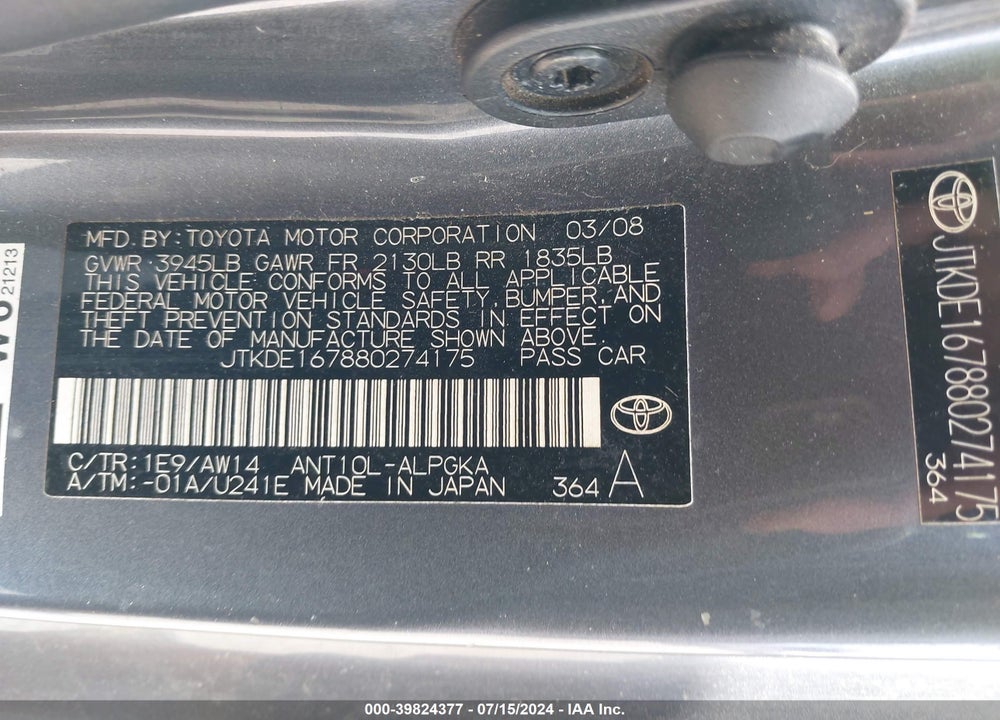 2008 SCION TC VIN: JTKDE167880274175