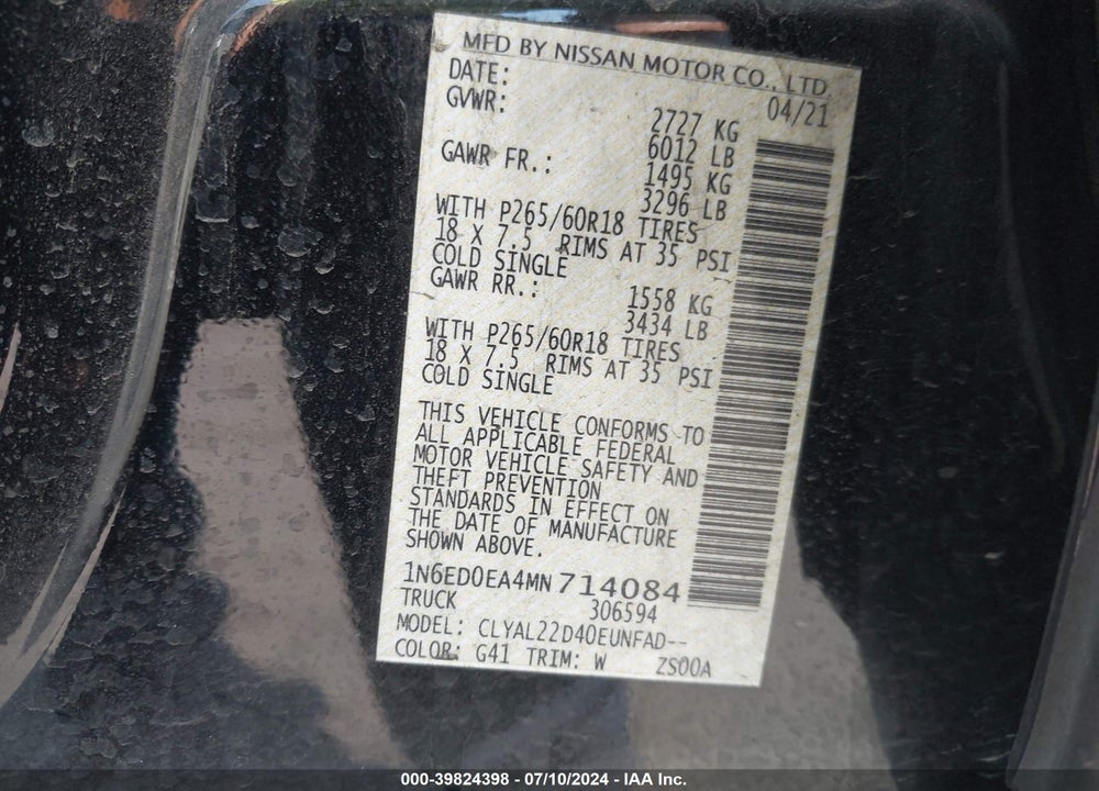 2021 NISSAN FRONTIER VIN: 1N6ED0EA4MN714084