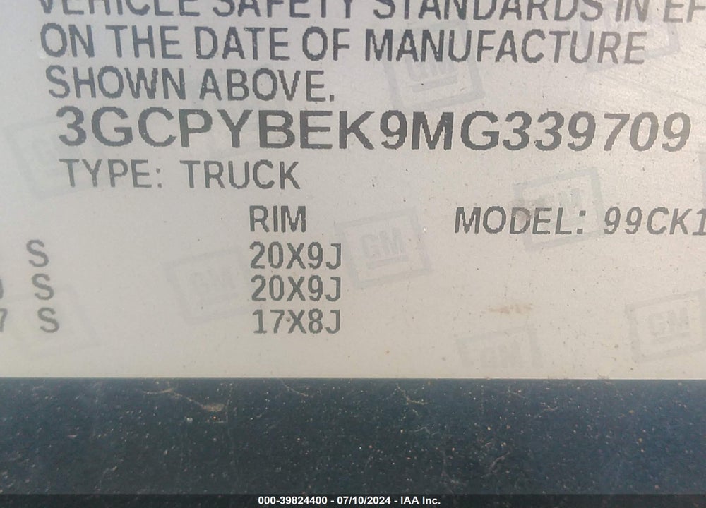 2021 CHEVROLET SILVERADO 1500 CUSTOM VIN: 3GCPYBEK9MG339709